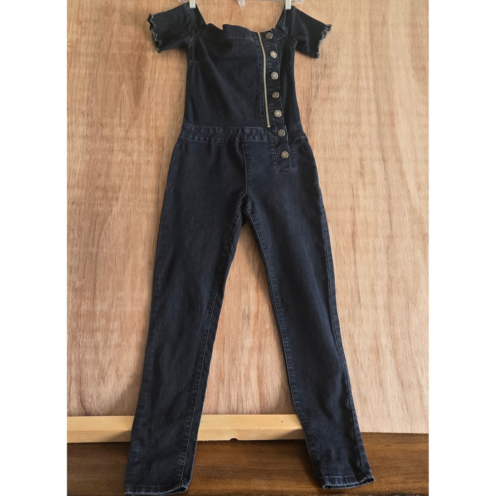 VIP Jeans Womens Off Shoulder Denim Jumpsuit Dark Wash Side Zip Blue Size 1/2